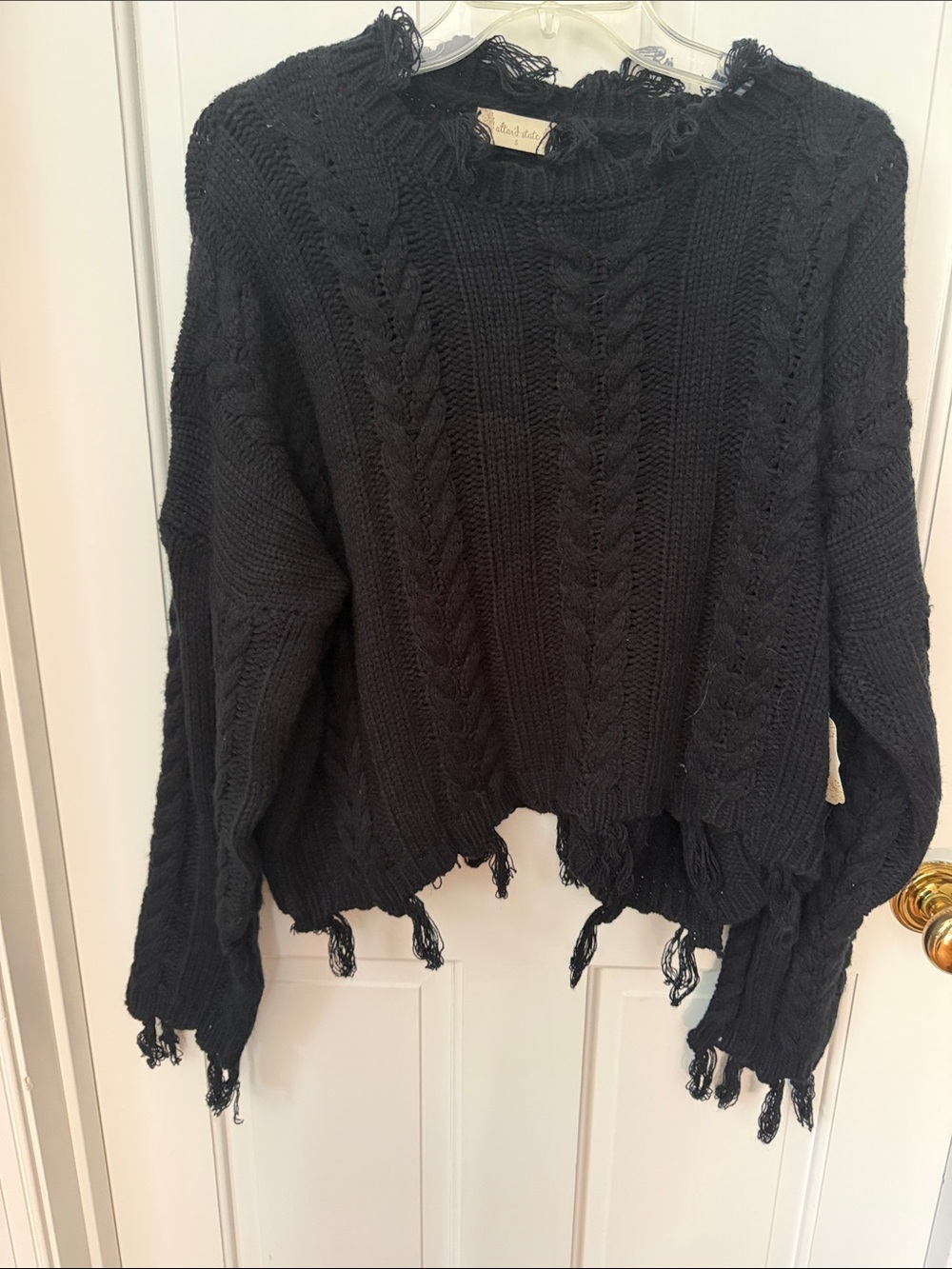 Altar'd State Black Distressed Cable Knit Crewneck Sweater